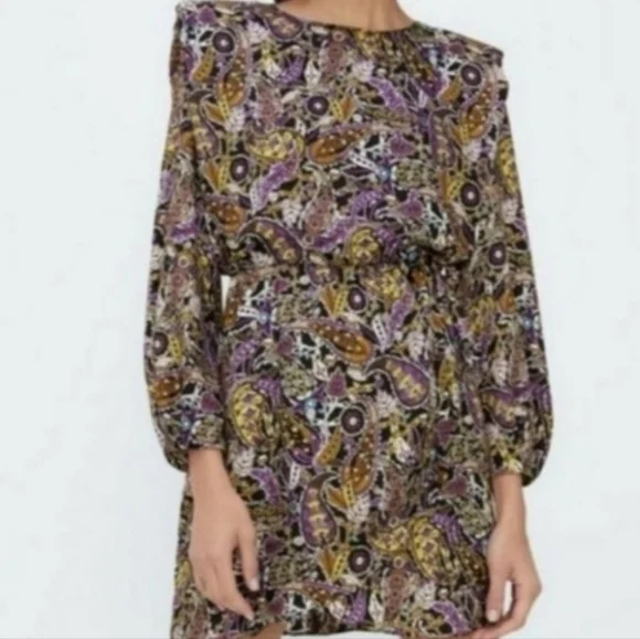 Zara Paisley Print Open Keyhole Back Long Sleeve Partially Lined Mini Dress, XS - Picture 3 of 15